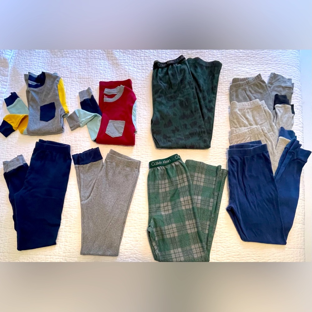 Kids Boys Pajamas-size 10 lot- 2 sets and 7 pants, Carters and Calvin Klein